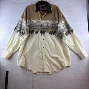 Vintage High Noon Western Shirt 2XL Reg Ivory Black Pearl Button Snap AOP Horses